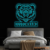 Custom Grizzly Bear Metal Sign with LED Light Personalized Angry Bear Name Sign Bear Roar Wild Animal Bedroom