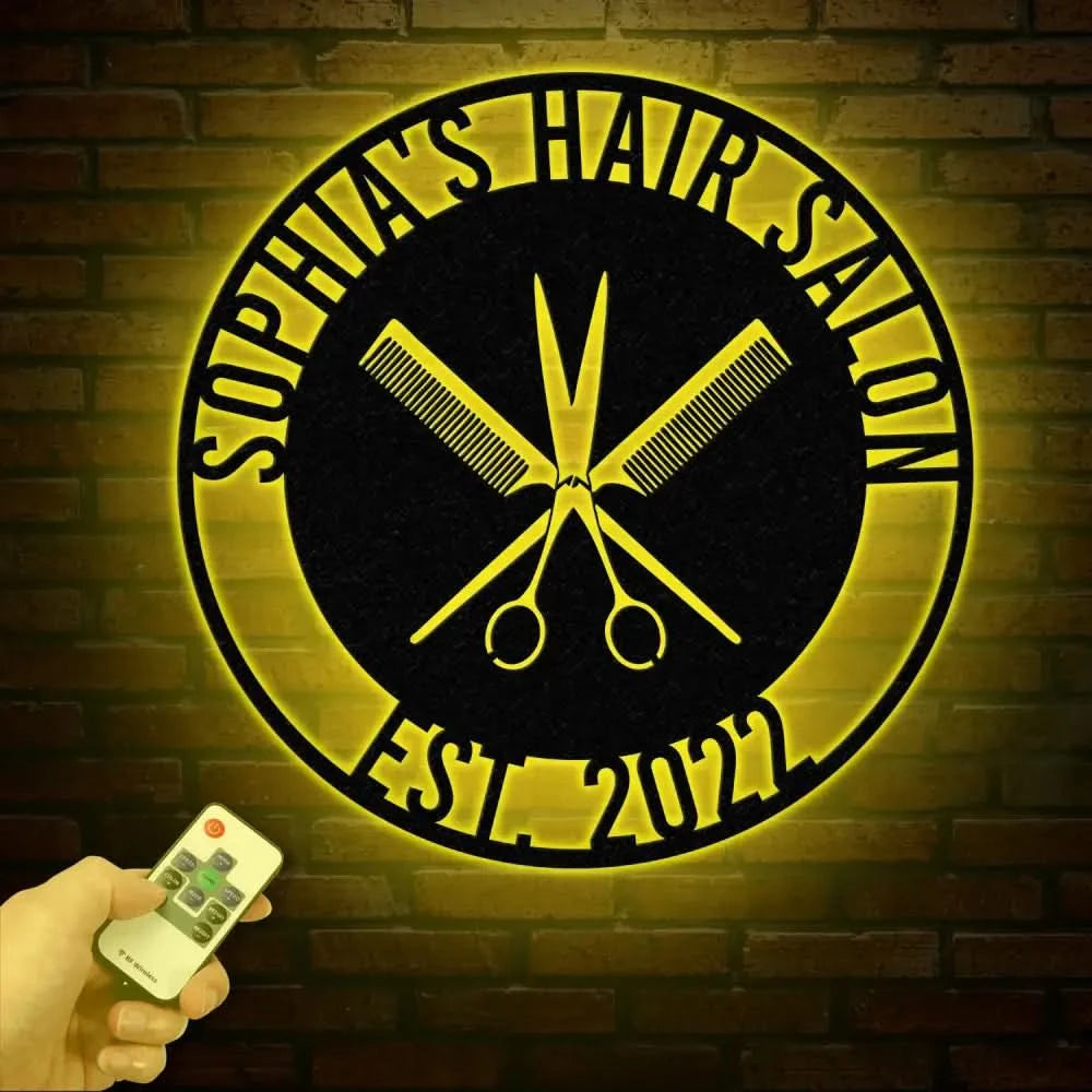 Custom Hair Salon Metal Wall Art with LED Lights Personalized Comb & Scissors Sign Hairdresser Decor Stylist Gift Salon