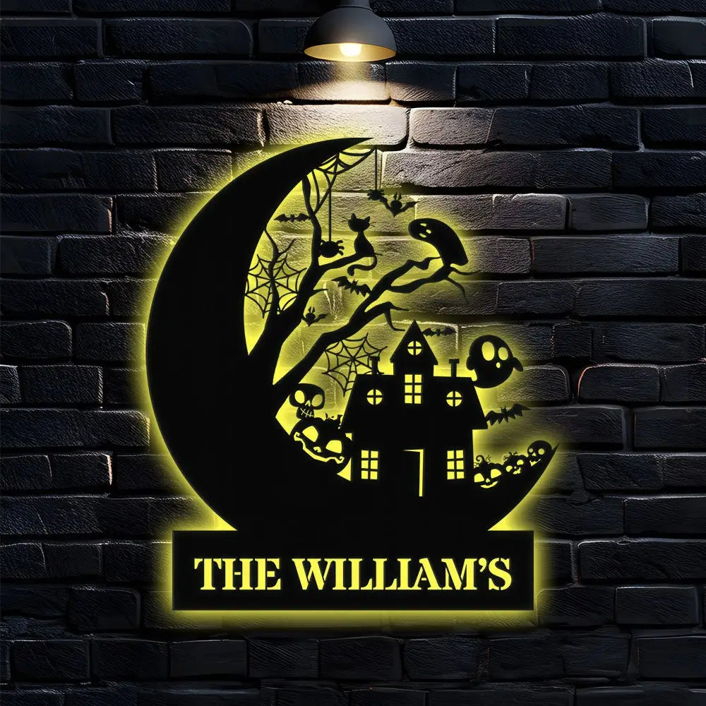 Custom Halloween House Metal Family Name LED Sign - Personalized Halloween Wall Art - Name Hanging Sign - Halloween