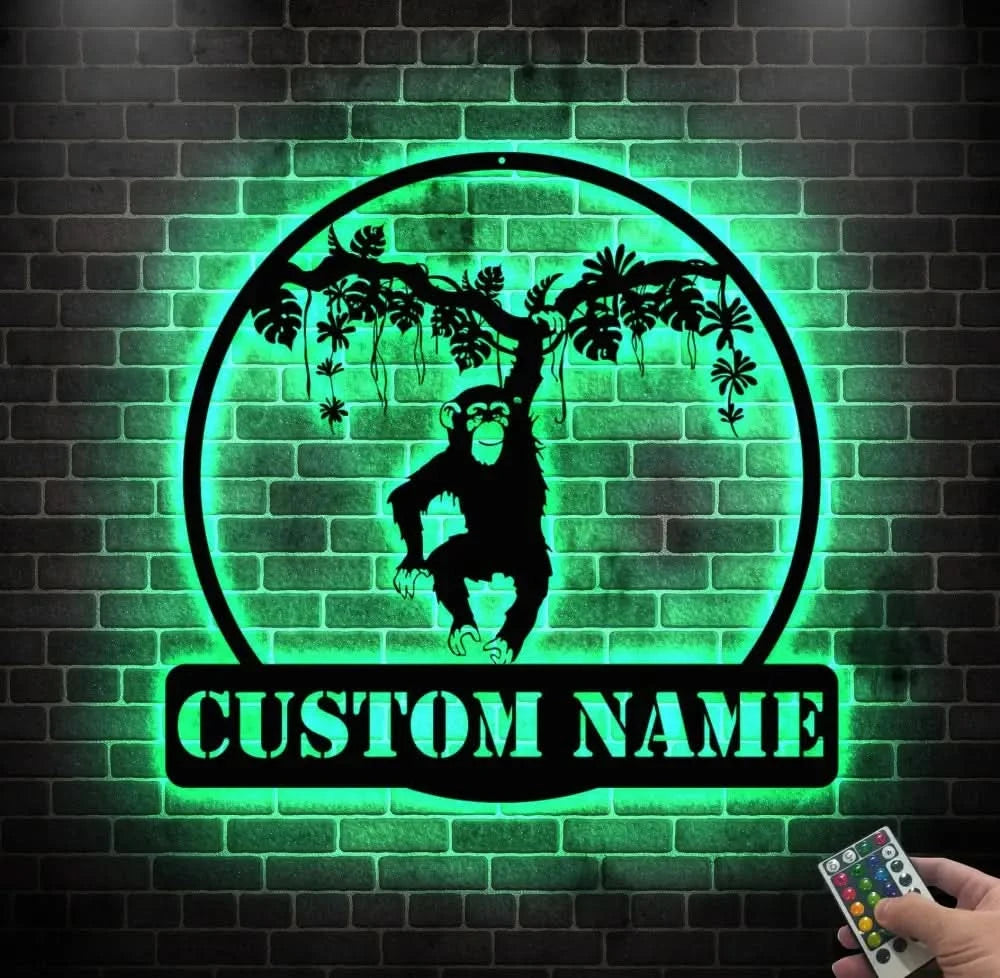 Custom Hanging Chimp Monkey Metal Wall Art Led Light - Boys And Girls Nursery Decoration Gift - Personalized Chimp