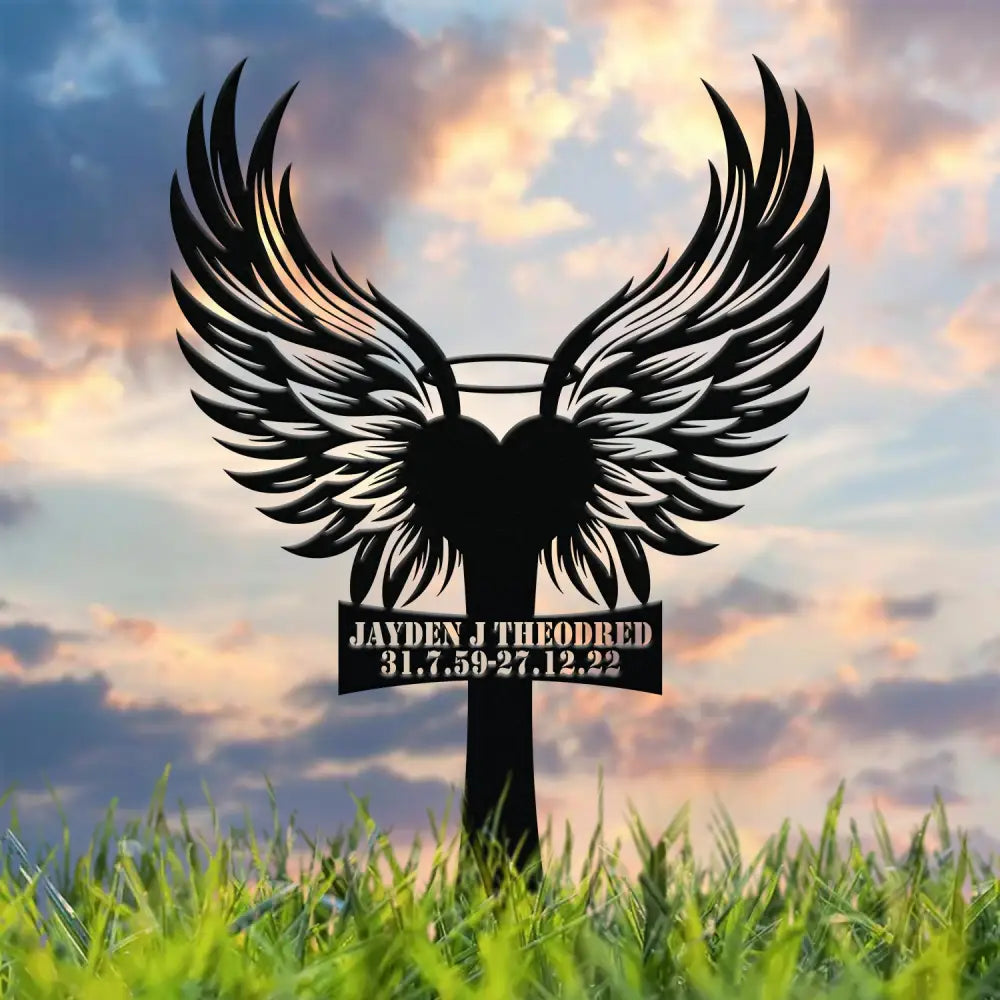 Custom Heart with Angels Wings Memorial Cross Stake In Memory Cross Grave Marker Custom Cross Stake Sympathy Gift