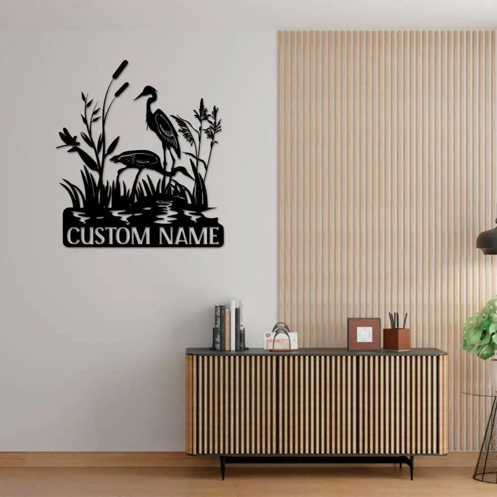 Custom Heron Monogram Metal Sign with Led Light Heron Cattails Last Name Sign Address Sign Metal Wall Art Bird Lover
