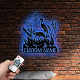 Custom Heron Monogram Metal Sign with Led Light Heron Cattails Last Name Sign Address Sign Metal Wall Art Bird Lover