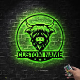 Custom Highland Cow Cuttable Metal Wall Art With Led Lights - Personalized Highland Cow Name Sign Decoration For Home