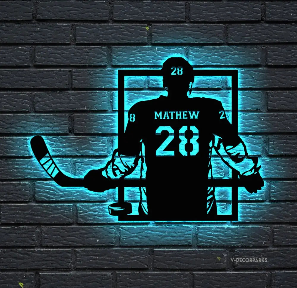 Custom Hockey Name & Number Wall Art LED Light - Hockey Gifts For Boys Bedroom - Personalized Metal Hockey Sign With
