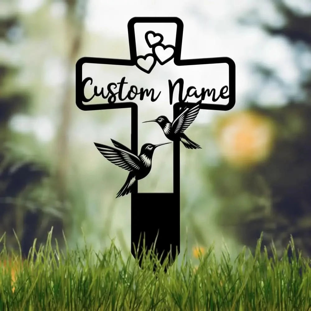 Custom Hummingbird Cross Memorial Plaque Stake Hummingbird Name Sign Grave Marker Sign Sympathy Plaque Garden Metal