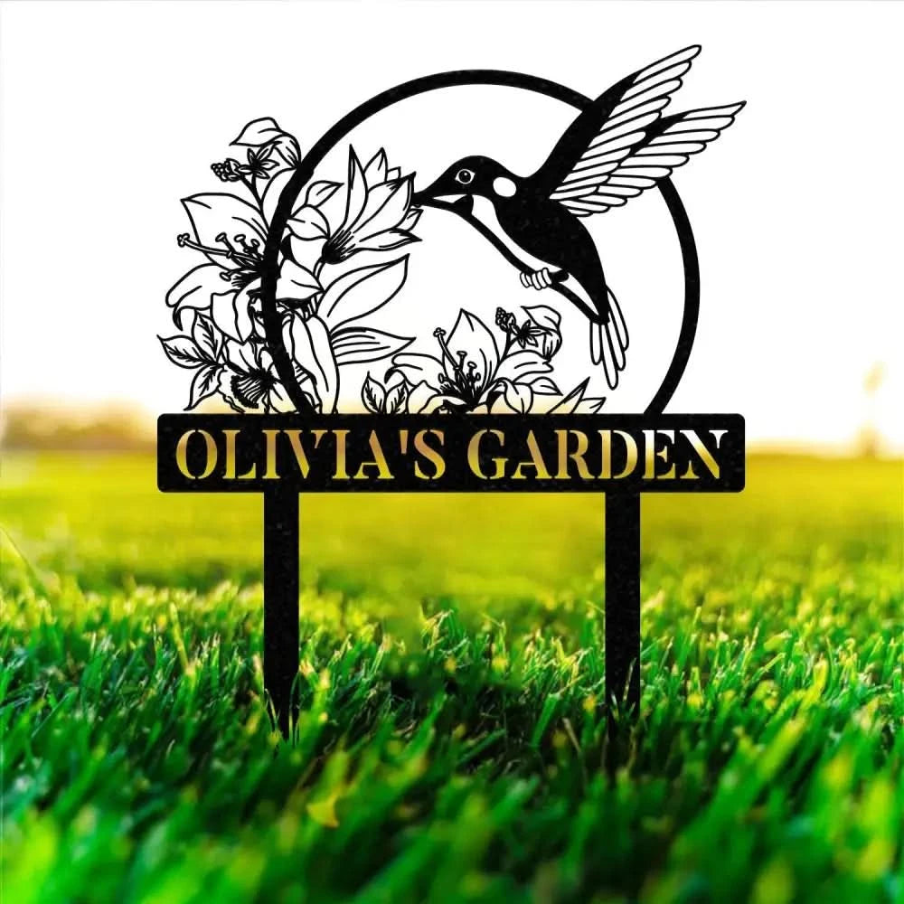 Custom Hummingbird Metal Garden Decor Bird with Stakes Garden Sign,Flower Design Personalized Garden Sign,Custom Garden
