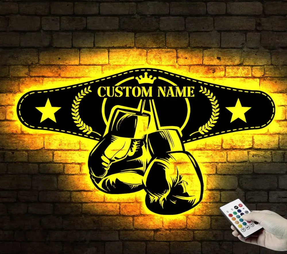 Custom King Boxer Belt Name Sign Home Decor - Personalized Boxing Gloves Metal Wall Art with LED Light - Ideal for Home