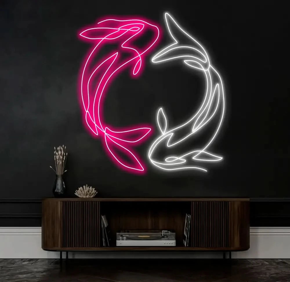 Custom Koi Fish Neon Sign – Yin Yang-Inspired Pink and White LED Wall Art for Home Office or Café Decor – Unique Zen