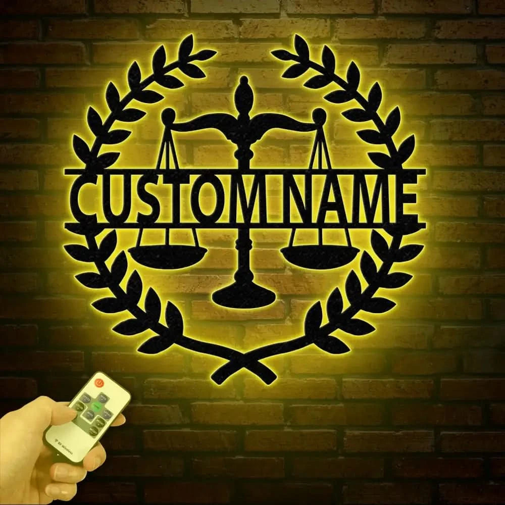 Custom Lawyer Metal Wall Art with LED Light - Attorney Sign & Scales of Justice Artwork - Law Office Decor - Lawyer