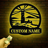 Custom Lighthouse Metal Sign with LED Light Personalized Light House Name Sign Nautical Beach House Decoration Xmas