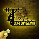 Custom Lineman Metal Wall Art with LED Light Personalized Electrical Worker Name Sign Electrician Home Decor Birthday &