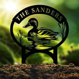 Custom Mallard Duck Metal Sign with Lake Scene Personalized Address or Lake Lot Sign Garden Stake Custom Name Sign