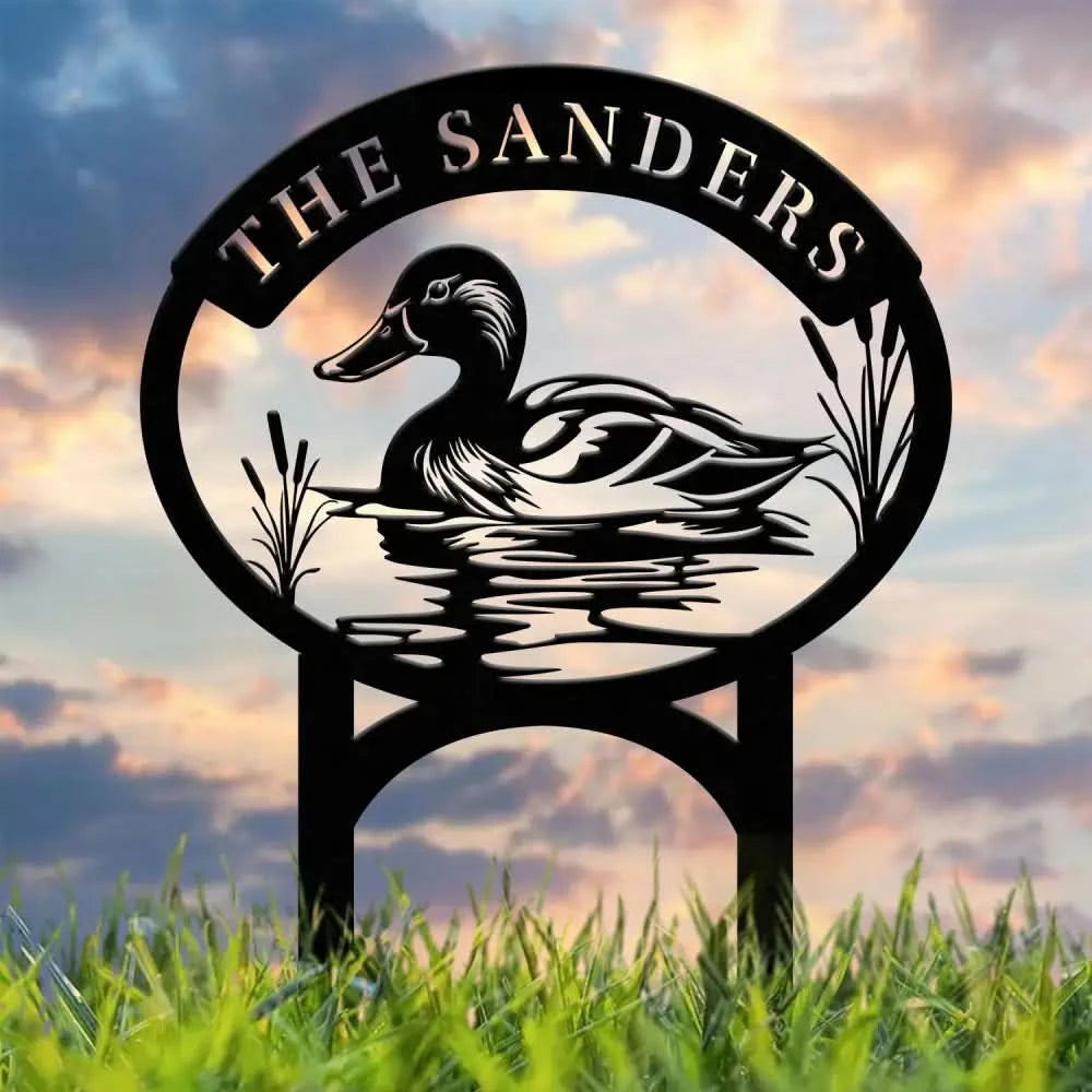 Custom Mallard Duck Metal Sign with Lake Scene Personalized Address or Lake Lot Sign Garden Stake Custom Name Sign