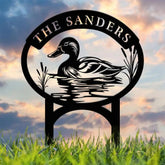 Custom Mallard Duck Metal Sign with Lake Scene Personalized Address or Lake Lot Sign Garden Stake Custom Name Sign