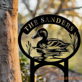 Custom Mallard Duck Metal Sign with Lake Scene Personalized Address or Lake Lot Sign Garden Stake Custom Name Sign
