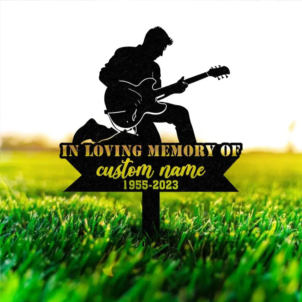 Custom Man Playing Guitar Guitarist Musician Memorial Stake Memorial Plaque with Stake Grave Marker Metal Grave Stake