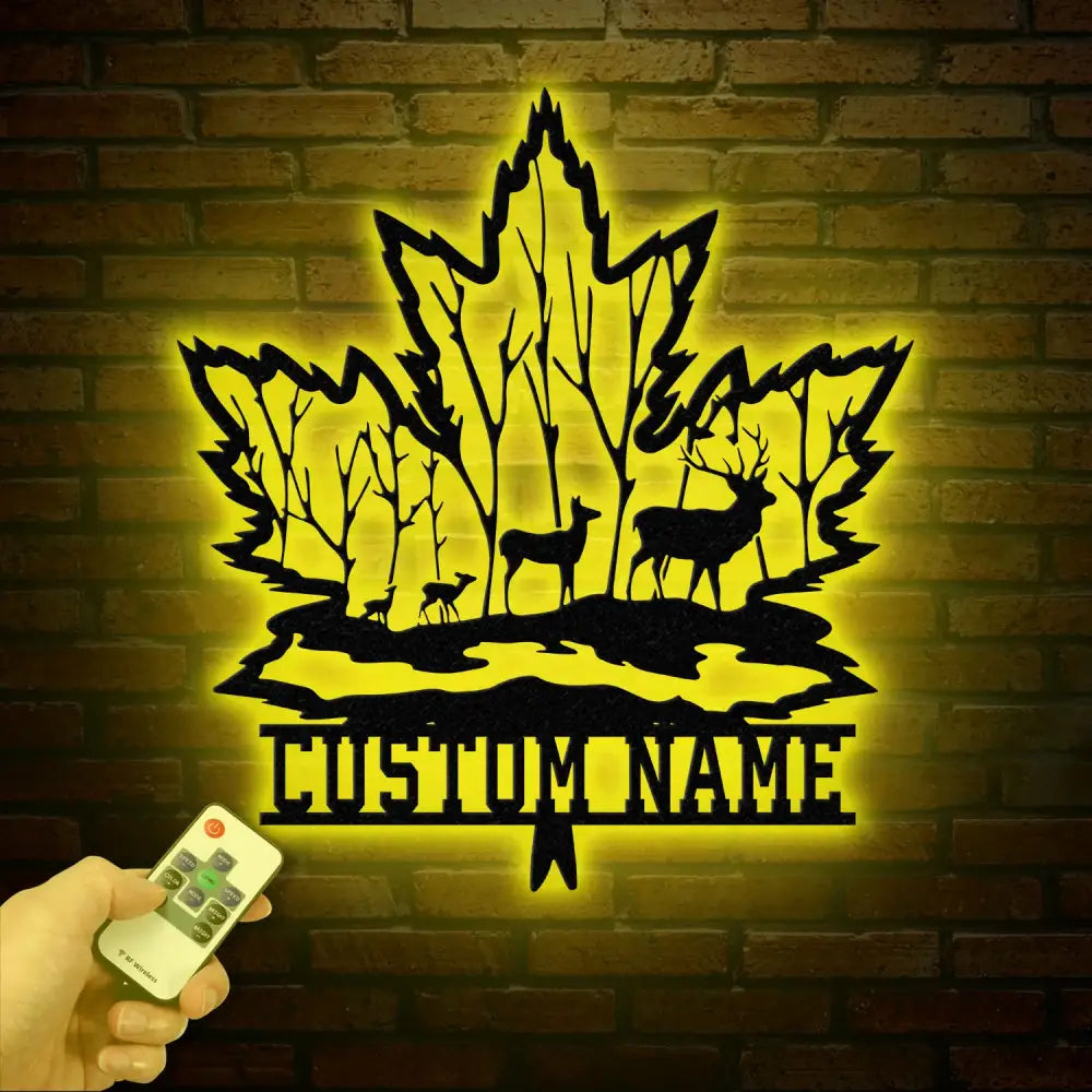 Custom Maple Leaf Metal Sign with Led Light Personalized Woodland Deer Metal Wall Art Custom Name Sign Cabin Sign Gift