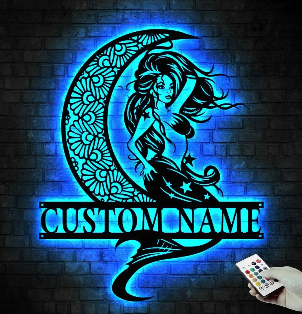 Custom Mermaid On The Moon Metal Wall Art LED Light - Personalized Mermaid Tail Name Sign Home Decor - Mermaid Home
