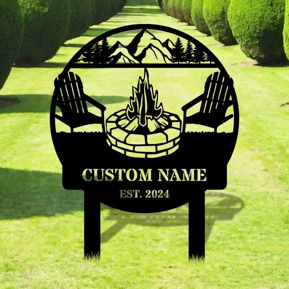 Custom Metal Campfire Sign with Stakes - Personalized Cabin Sign Camp Decor Outdoor Life Lovers Gift Camp Name Sign