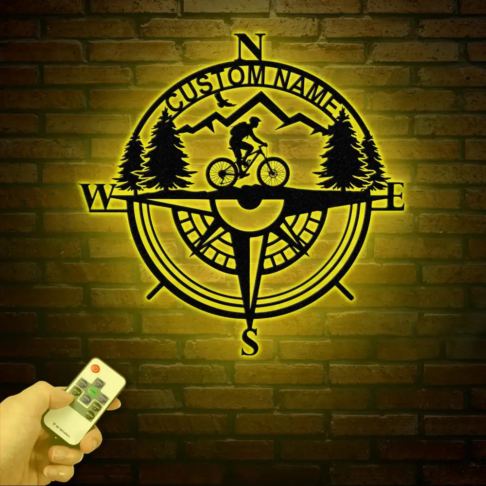 Custom Metal Compass Coordinates Sign with LED Lights Mountain Wall Art Nautical Compass Rose Biker Decor Mountain Bike