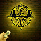 Custom Metal Compass Coordinates Sign with LED Lights Mountain Wall Art Nautical Compass Rose Biker Decor Mountain Bike