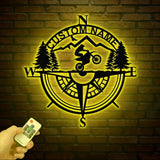 Custom Metal Compass Coordinates Sign with LED Lights Mountain Wall Art Nautical Compass Rose Biker Decor Dirt Bike