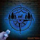 Custom Metal Deer Compass Cabin Sign with LED Light Personalized Last Name Sign Deer Hunter Gift Lodge & Cabin Outdoor