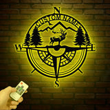 Custom Metal Elk Compass Cabin Sign with LED Light Personalized Last Name Sign Deer Hunter Gift Lodge & Cabin Outdoor