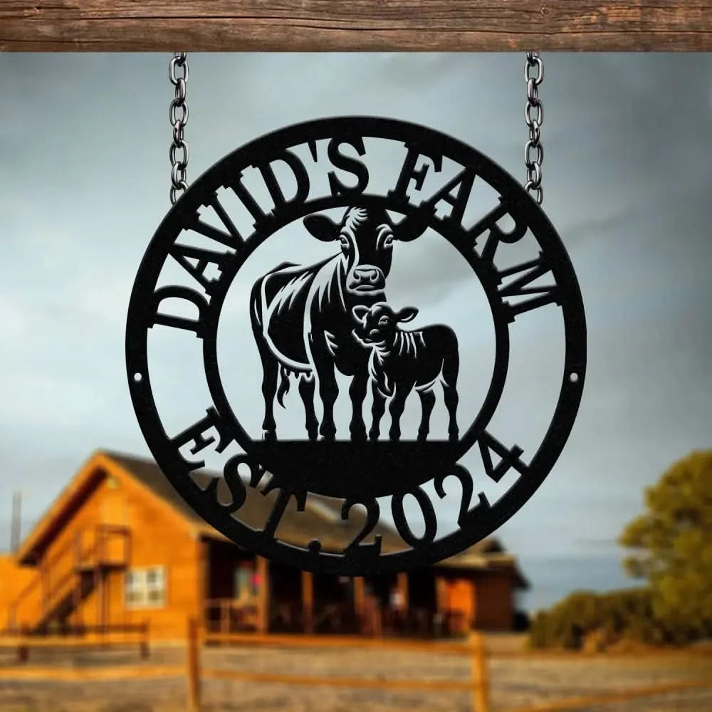 Custom Metal Farm Sign with Cow and Calf – Personalized Farm Name Sign – Ranch Decor with Year Established – Durable