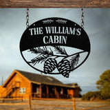 Custom Metal Hanging Pinecone Cabin Sign Custom Family Name Sign Last Name Sign Outdoor Cabin Entry Welcome Sign
