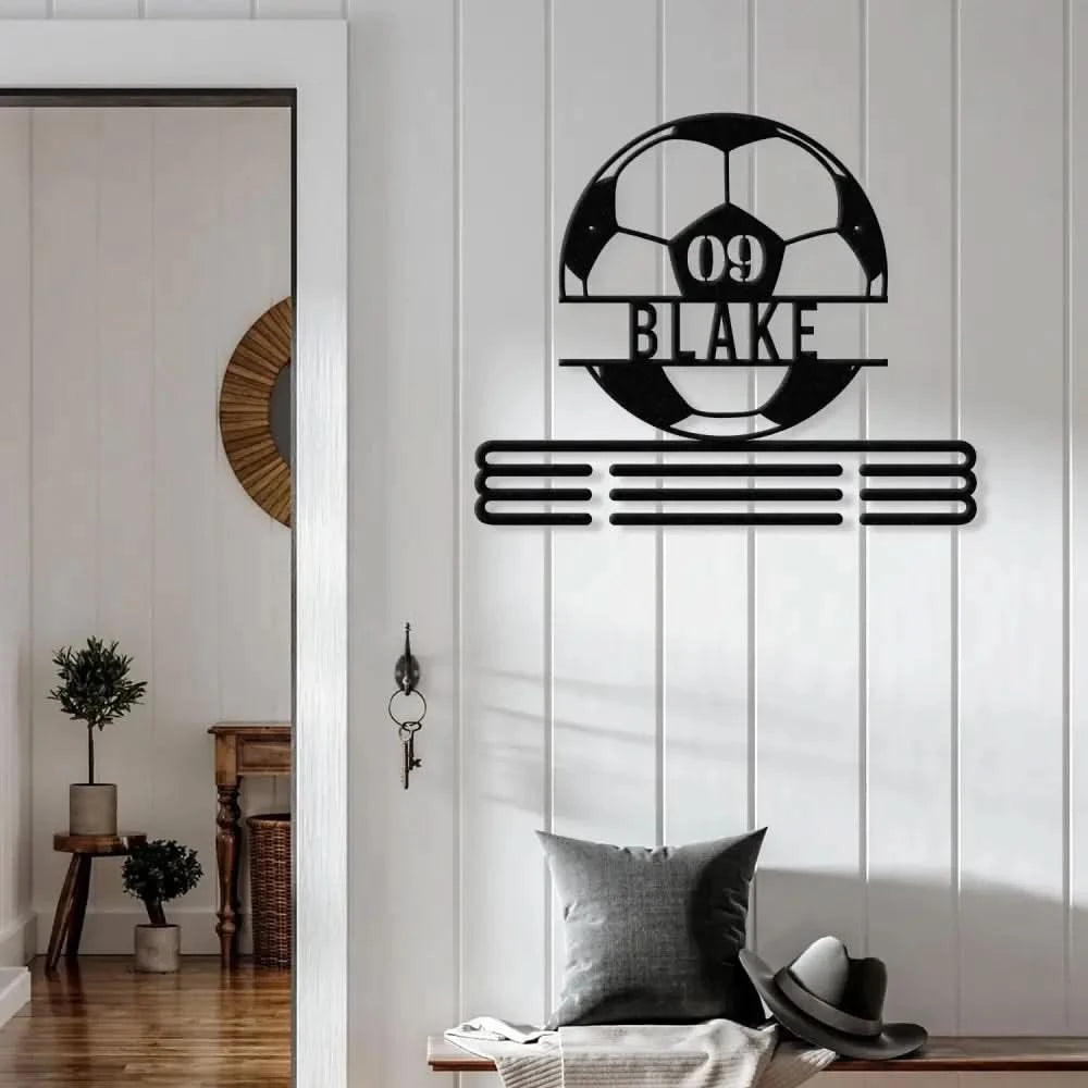 Custom Metal Soccer Medal Hanger Wall Art Led Light Soccer Player Medal Holder 12 Rungs for Medals & Ribbons Medal