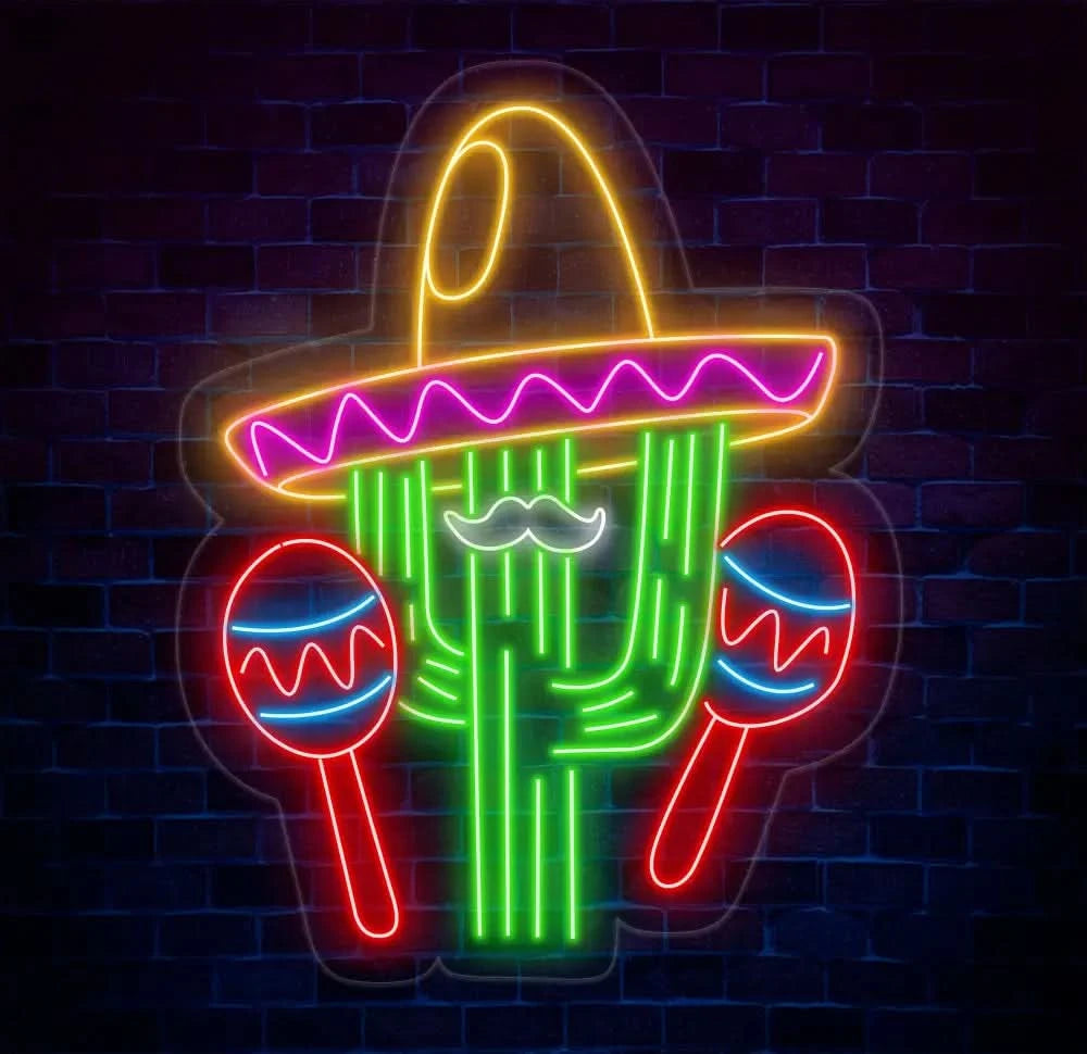 Custom Mexican Cactus Sombrero Neon Light - Fiesta Holiday LED Sign Mexican Festival Decor Cactus with Maraca Neon Sign