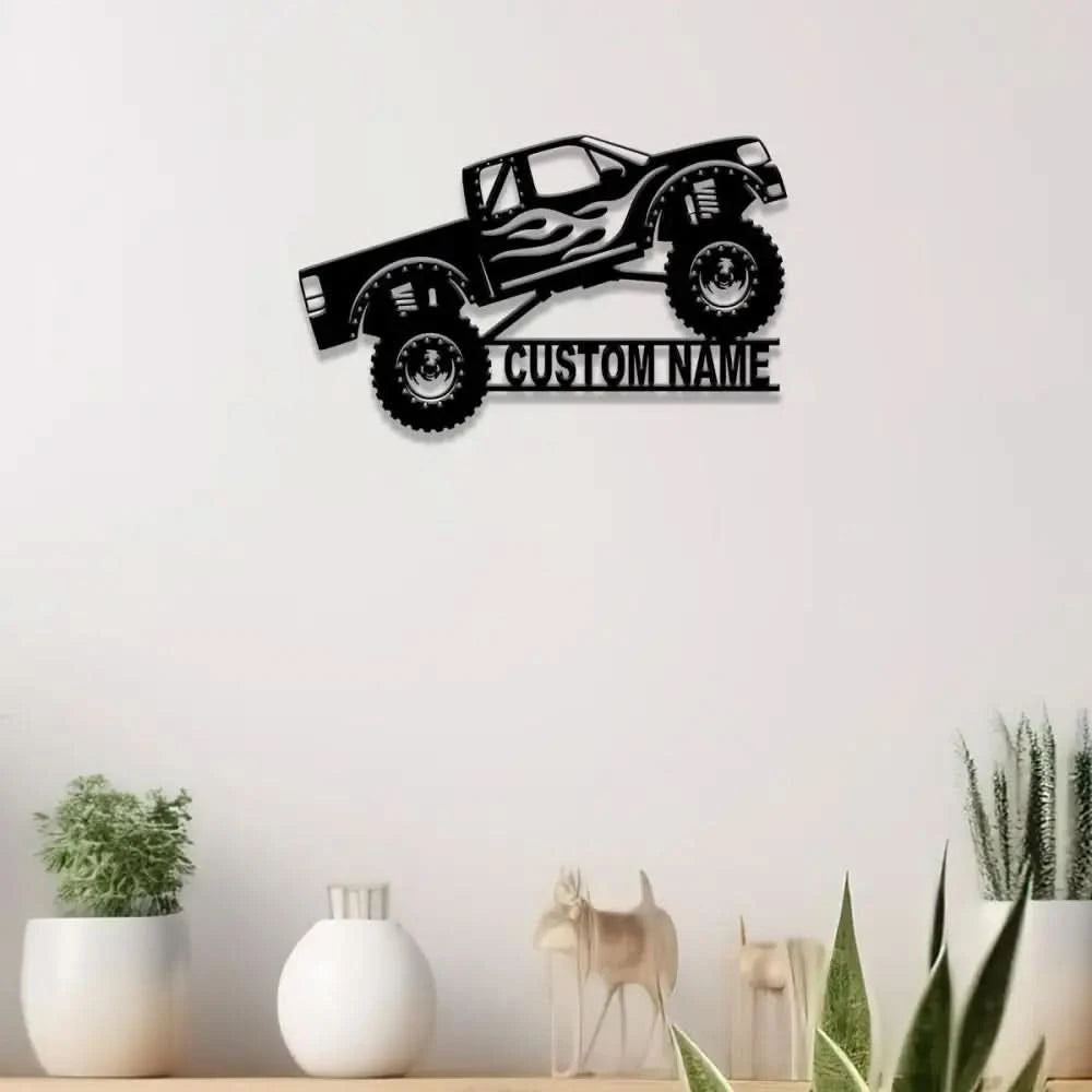 Custom Monster Truck Driver Metal Sign with Led Light Personalized Fire Flame Off Road Vehicle Name Sign Kids Nursery