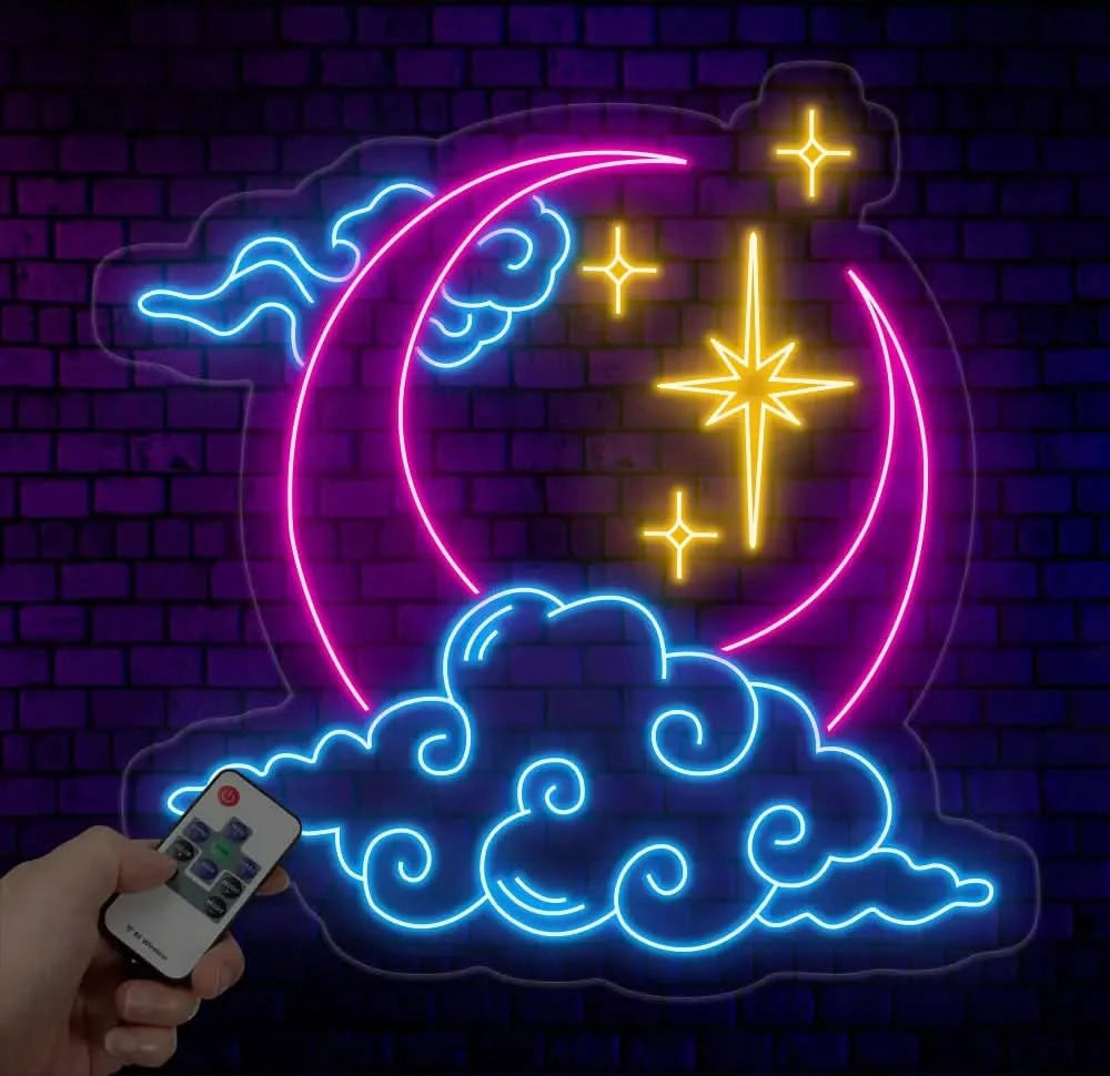 Custom Moon Cloud Star Neon Sign - Handmade LED Art Light White Vibes Wall Decor Personalized Neon Light for Home or