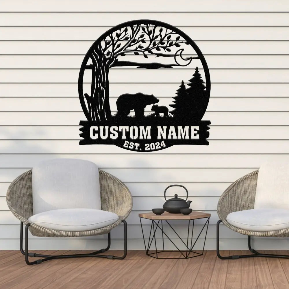 Custom Mountain Bear Tree Scene Sign Personalized Bear Cabin Metal Sign Family Name Sign Outdoor Name Sign Last Name