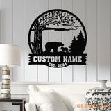 Custom Mountain Bear Tree Scene Sign Personalized Bear Cabin Metal Sign Family Name Sign Outdoor Name Sign Last Name