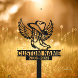 Custom Name Cowboy Memorial Stake - Cowboy Boot Hat With Wings - Cowboy Sympathy Gift - Memorial Plaque | GearViral