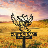 Custom Name Cowboy Memorial Stake - Cowboy Boot Hat With Wings - Cowboy Sympathy Gift - Memorial Plaque | GearViral