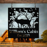 Custom Name Elk Cabin Sign Outdoor Metal Elk Sign with Mountain Hunting Gift Metal Nature Wall Art Mountains Trees
