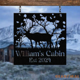 Custom Name Elk Cabin Sign Outdoor Metal Elk Sign with Mountain Hunting Gift Metal Nature Wall Art Mountains Trees