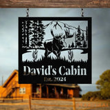 Custom Name Elk Cabin Sign Outdoor Metal Elk Sign with Mountain Hunting Gift Metal Nature Wall Art Mountains Trees