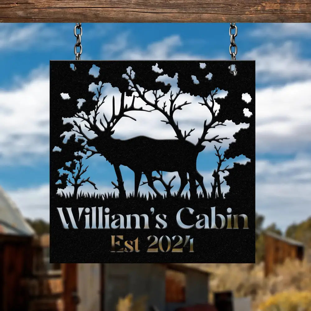 Custom Name Elk Cabin Sign Outdoor Metal Elk Sign with Mountain Hunting Gift Metal Nature Wall Art Mountains Trees