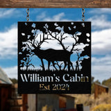 Custom Name Elk Cabin Sign Outdoor Metal Elk Sign with Mountain Hunting Gift Metal Nature Wall Art Mountains Trees