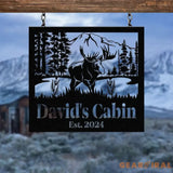 Custom Name Elk Cabin Sign Outdoor Metal Elk Sign with Mountain Hunting Gift Metal Nature Wall Art Mountains Trees