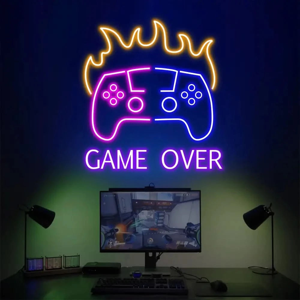 Custom Name Game Over Fire Controller Neon Sign Game Controller Led Light Game Zone Neon Sign Gaming Neon Light Gamer