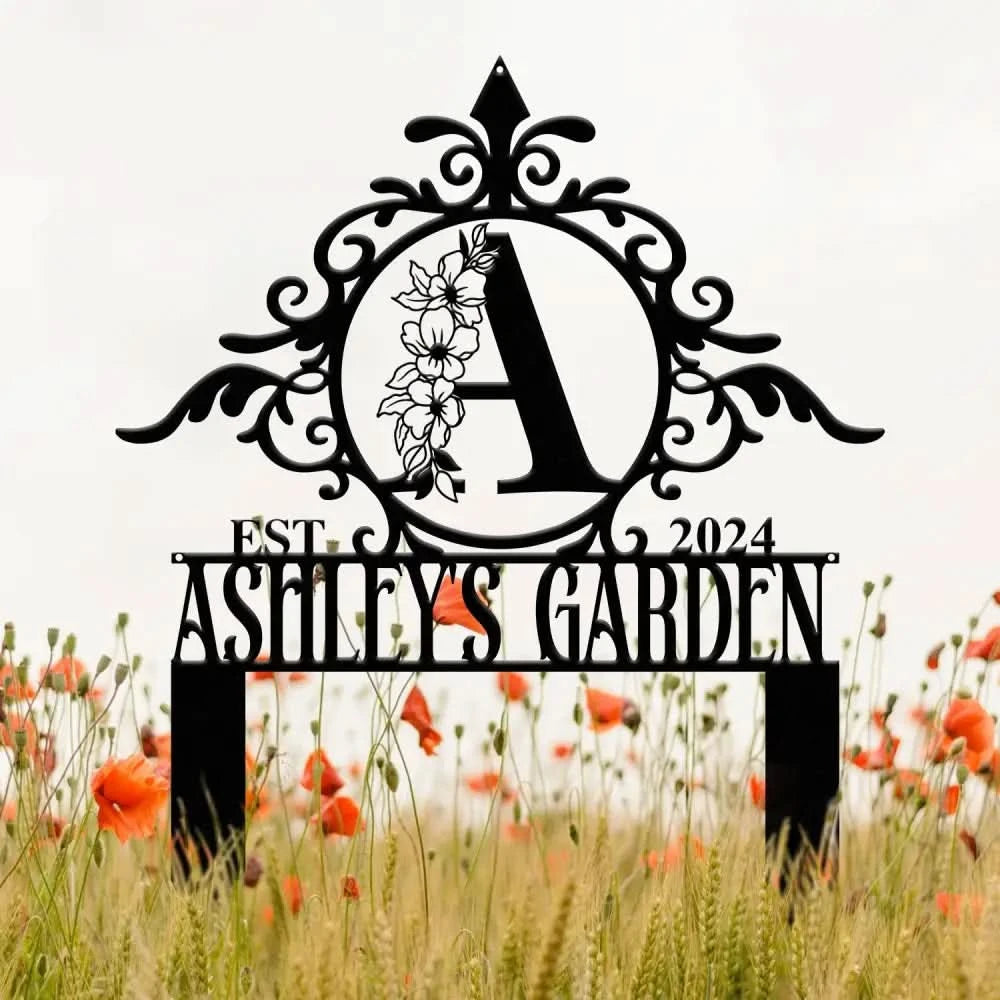 Custom Name Garden Stake Sign Last Name Sign Initial Metal Monogram Personalized Metal Staked Garden Sign Yard Art