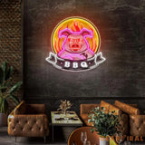 Custom Name Mascot Of Pig For BBQ In Badge Artwork Led Neon Sign Light
