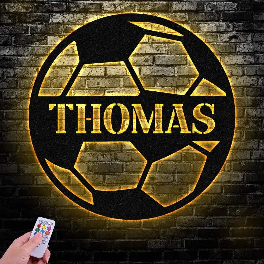 Custom Name Soccer LED Metal Art Sign Light up Soccer Ball Name Metal Sign Multi Color Soccer Art Metal Soccer Wall Art
