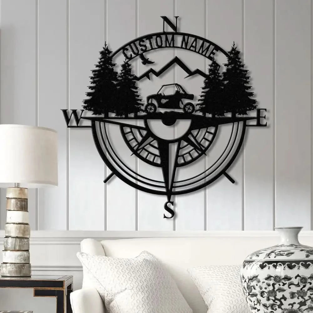 Custom Name UTV Compass Metal Sign with Led Lights Personalized Off-Road Adventure Sign Side by Side LED Wall Art